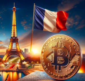 Bitcoin in front of Eiffel Tower and French flag
