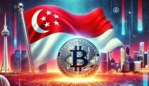 Singapore flag with cryptocurrency bitcoin skyline